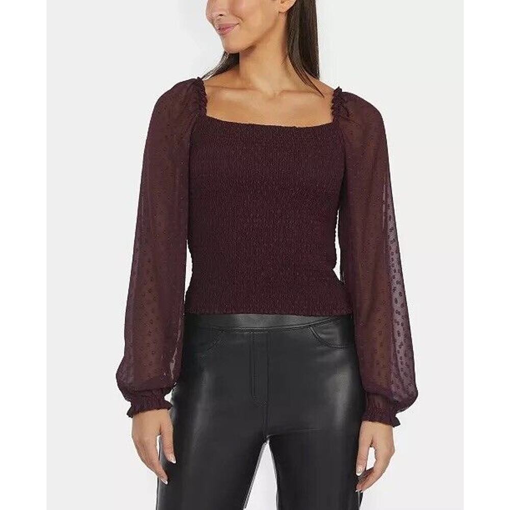 LAUNDRY by Shelli Segal Wine Tasting Square Neck Smocked Blouse Swiss Dot XS NWT